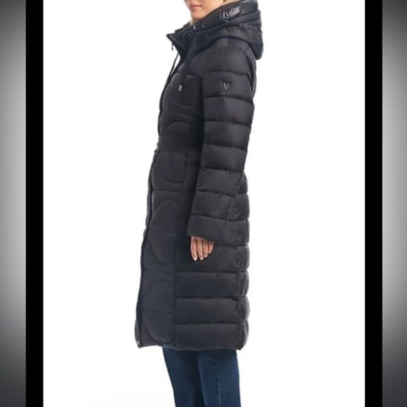 $450 Vince Camuto Onion Belted Long Puffer Coat with Hood, Black in Large, NWT - Picture 2 of 14